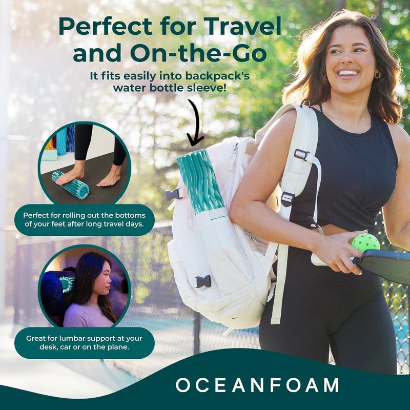 Oceanfoam Ripple Travel Foam Roller (11" x 3.35") Firm Mini Foam Roller for Physical Therapy, Deep Tissue Massage, Back Pain - High Density, Wave Textured - Yoga, Exercise (Jade & Seafoam Marbled) - Image 3